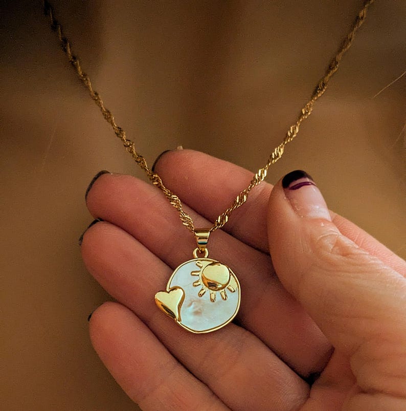 Pearl Shell Heart Sun necklace, Gold- 20 inch - - LadybugfeetDesigns -