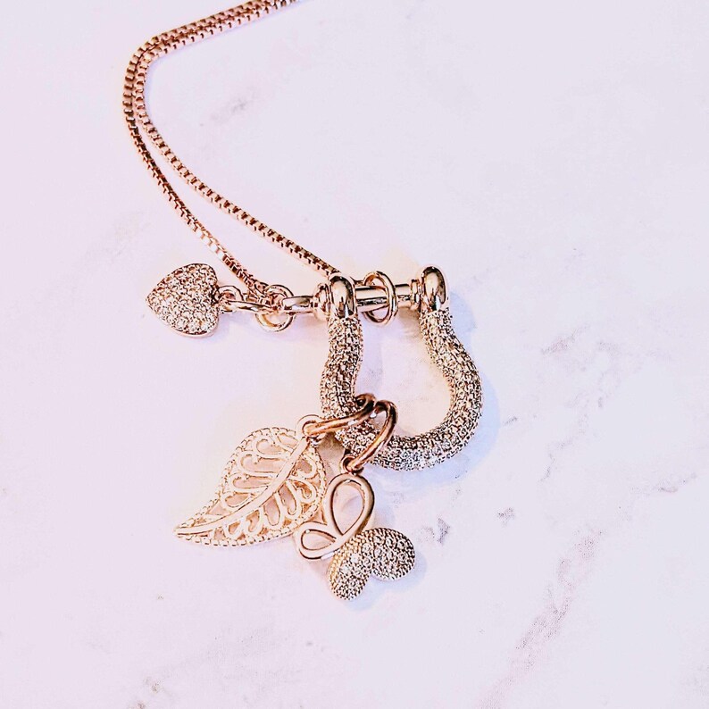 Leaf Butterfly Shackle Clasp Carabiner Charm Necklace, Rose-Gold - Adjustable up to 24 inches - - LadybugfeetDesigns -
