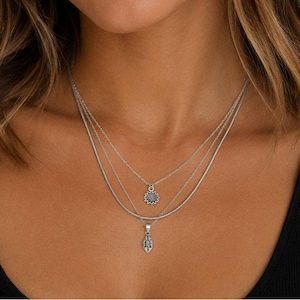 Sunflower Initial Leaf Layered Necklace Set, Silver - - LadybugfeetDesigns -