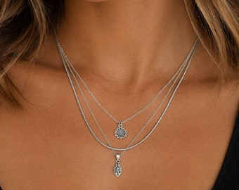 Sunflower Initial Leaf Layered Necklace Set, Silver
