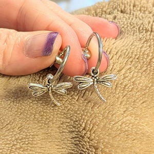 DRAGONFLY Sterling Hoop Earrings, Hoop Drop - - LadybugfeetDesigns -
