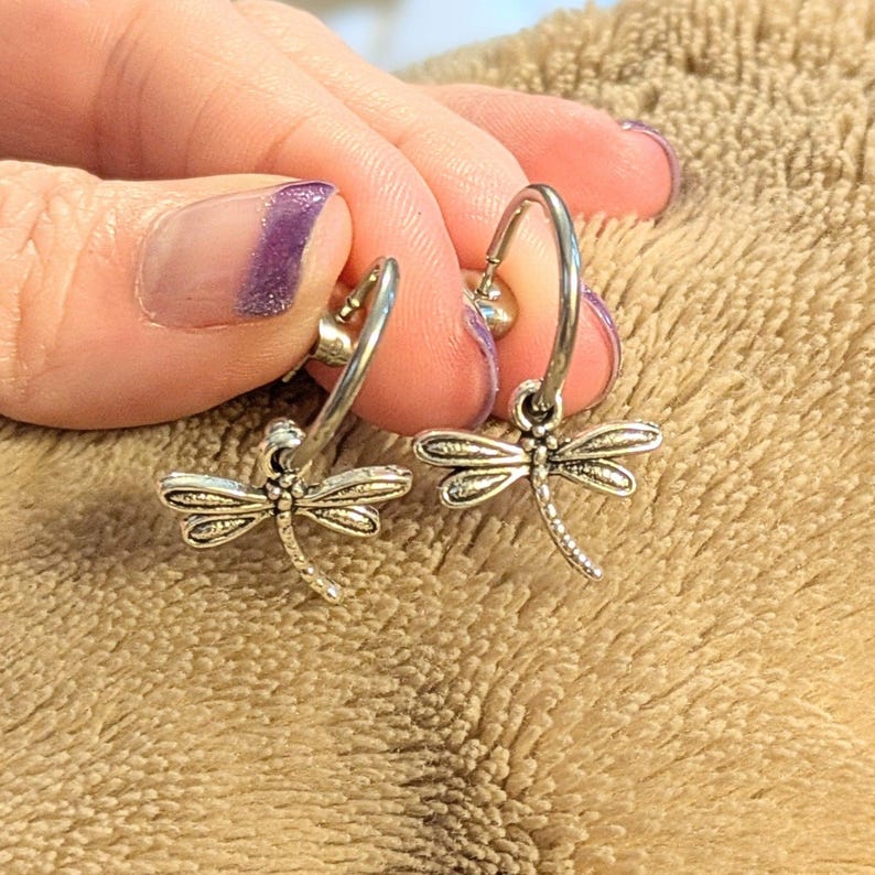 DRAGONFLY Sterling Hoop Earrings, Hoop Drop - - LadybugfeetDesigns -