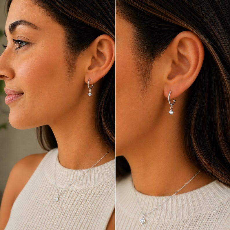 CZ Diamond Mini Hoop Huggie Earrings, Silver- 12mm - - LadybugfeetDesigns -