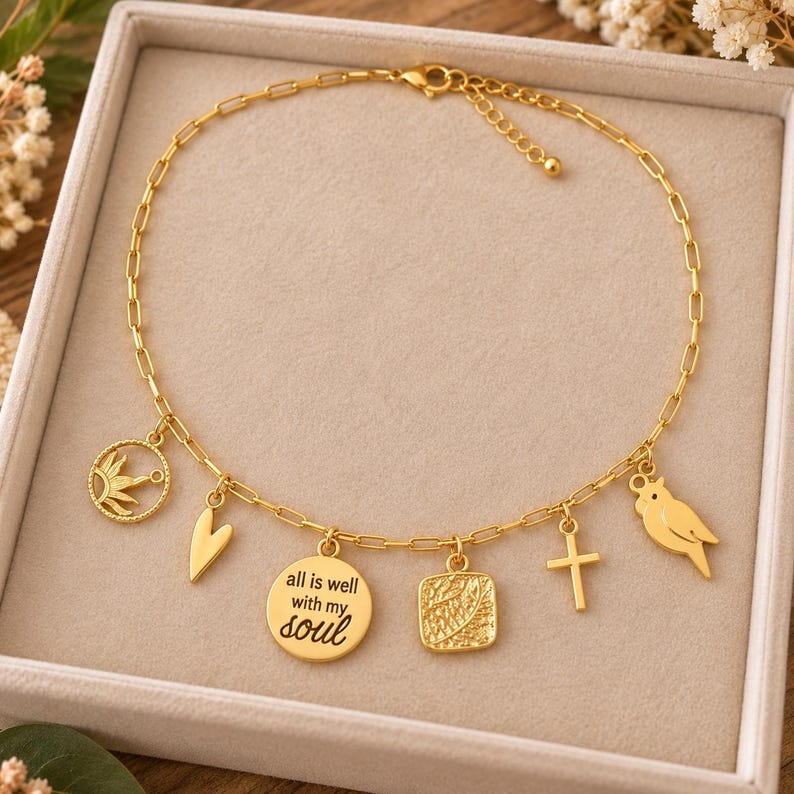 All is Well With my Soul Multi Charm Link Necklace, Gold- 20 inch - - LadybugfeetDesigns -