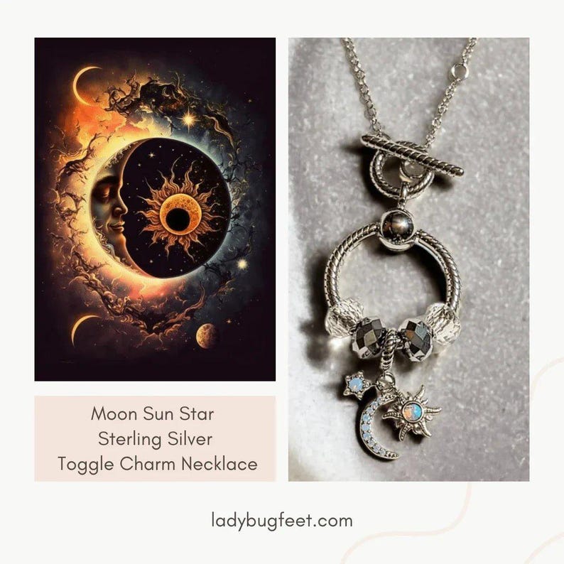 Moon Sun Star Sterling Silver Toggle Charm Necklace, 20 inches - - LadybugfeetDesigns -