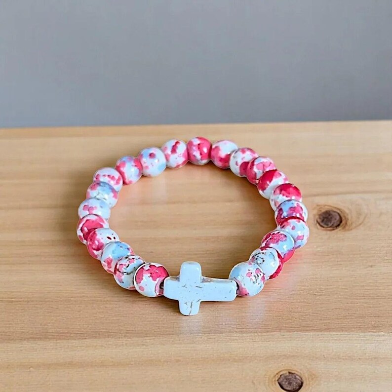 Hot Pink Baby Blue Beaded Cross Stretch bracelet - - LadybugfeetDesigns -