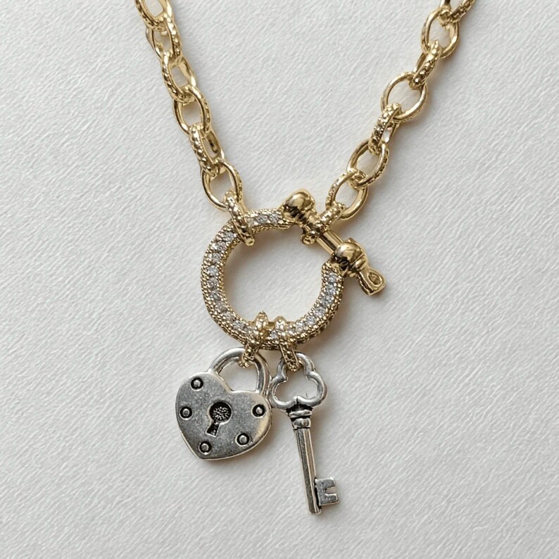 Heart Lock and Key Shackle Clasp Carabiner Necklace, Gold - Adjusts up to 20 inches - - LadybugfeetDesigns -