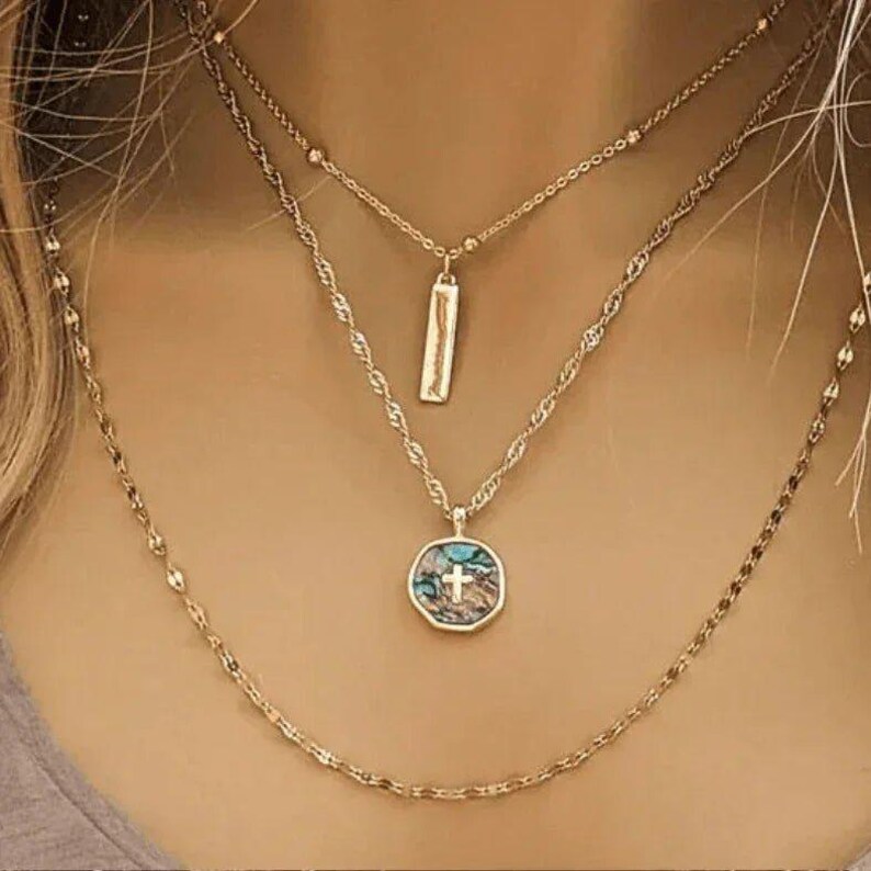 Abalone Cross Bar/Dragonfly Layered Necklace Set, Gold - - LadybugfeetDesigns -