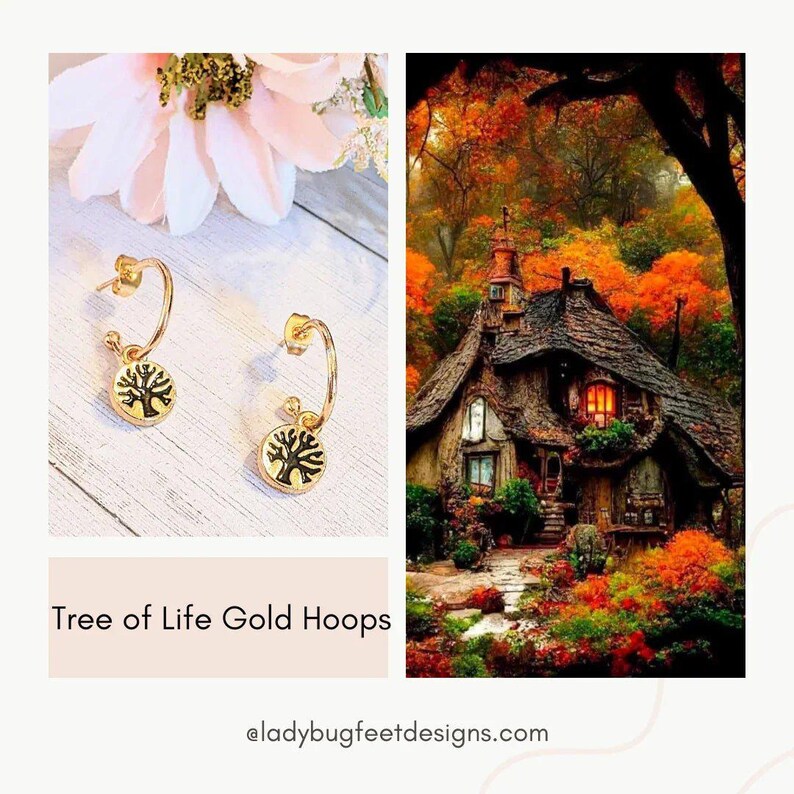 Tree of Life Gold Hoop earrings, Hoop Drop, 16mm - - LadybugfeetDesigns -