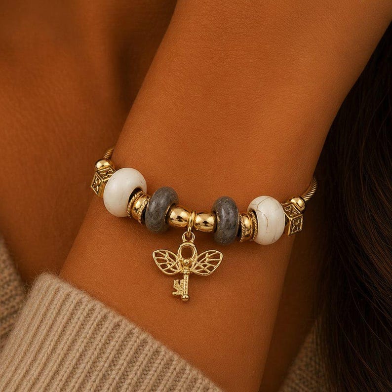 Winged Key Euro Cuff Wrap Bracelet, Gold - - LadybugfeetDesigns -