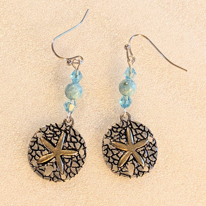 Sand Dollar Larimar Beaded Hook Earrings, Silver - - LadybugfeetDesigns -