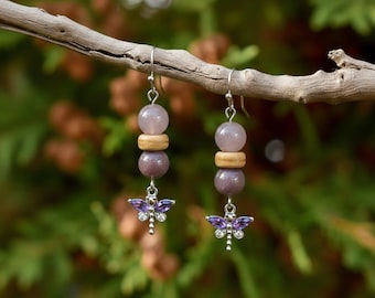 Purple Crystal Dragonfly Hook Earrings, Silver