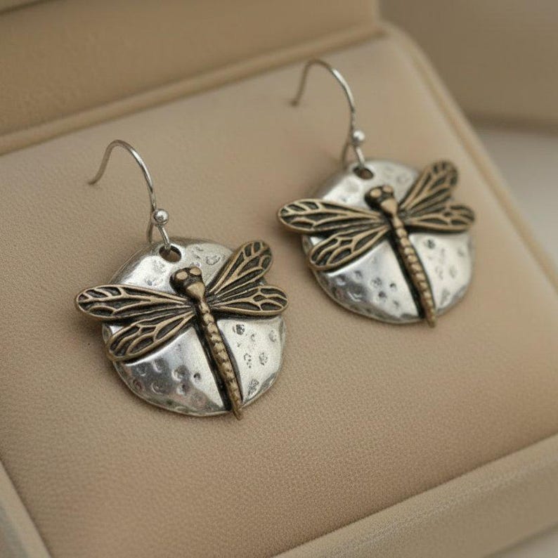 Dragonfly Hammered Disc Dangle Earrings, Two-Toned - - LadybugfeetDesigns -