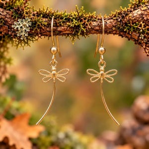 Flight of the Dragonfly dangle earrings - Gold / Sterling Silver - - LadybugfeetDesigns -
