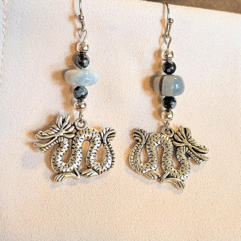 Dragon Boulder Opal Beaded Hook Earrings, Silver - - LadybugfeetDesigns -