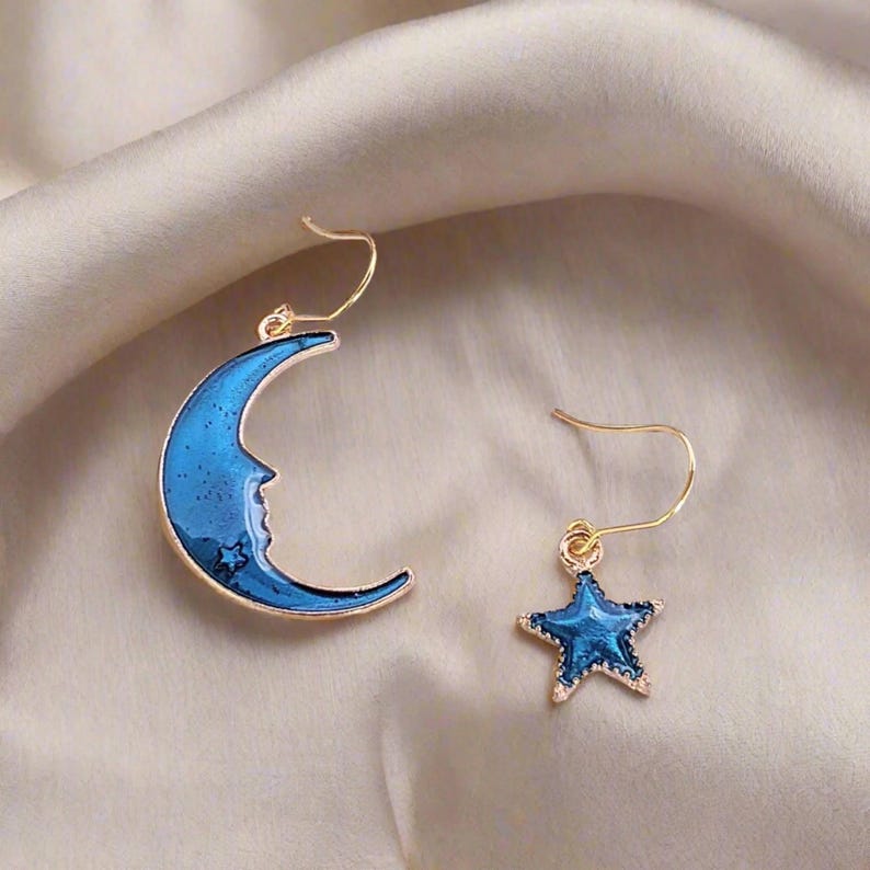 Mismatched Blue Crescent Moon and Star dangle earrings - - LadybugfeetDesigns -