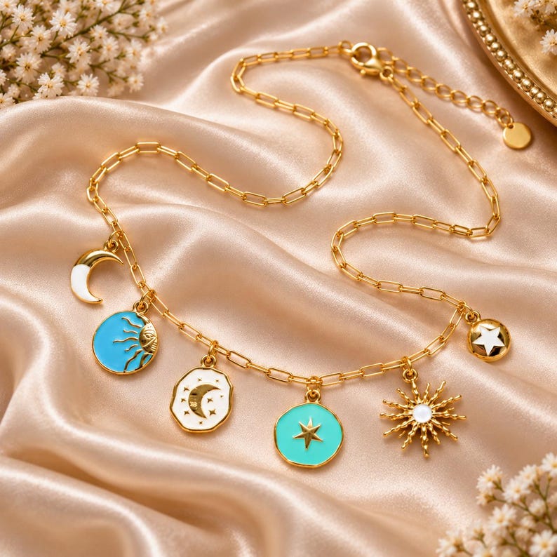 Celestial Multi Charm Link Necklace, Gold- 20 inch - - LadybugfeetDesigns -