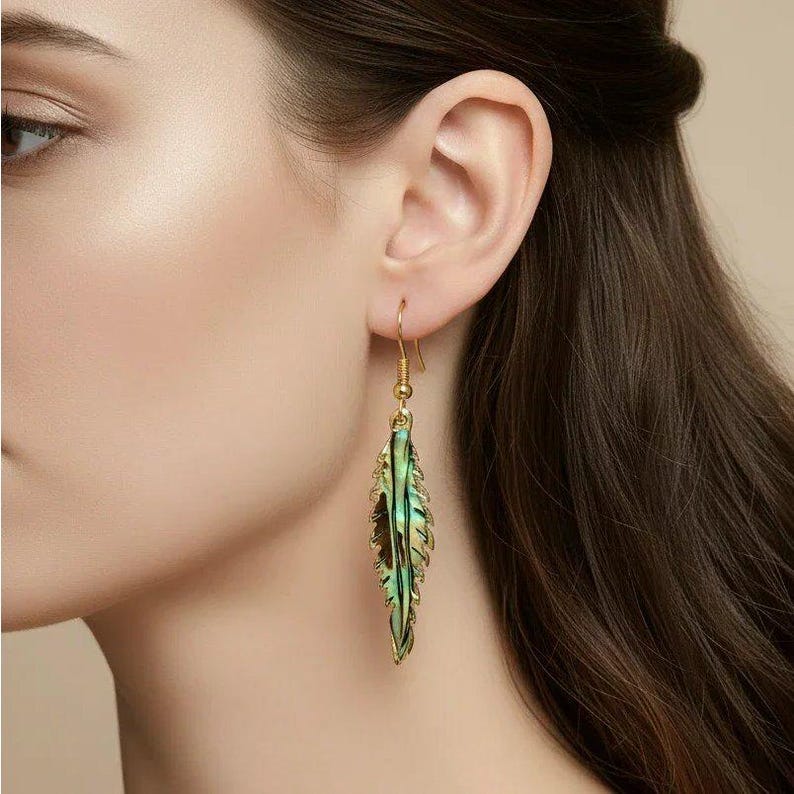 Abalone Feather dangle earrings, Gold - - LadybugfeetDesigns -