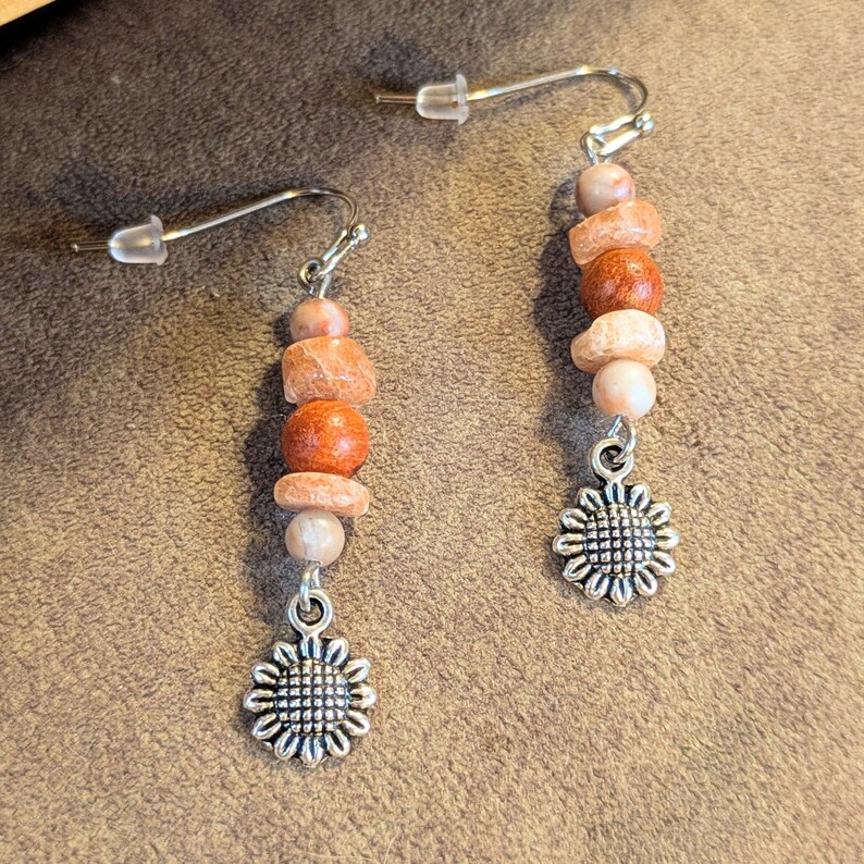 Sunflower Beaded Sunstone Hook Earrings, Silver - - LadybugfeetDesigns -