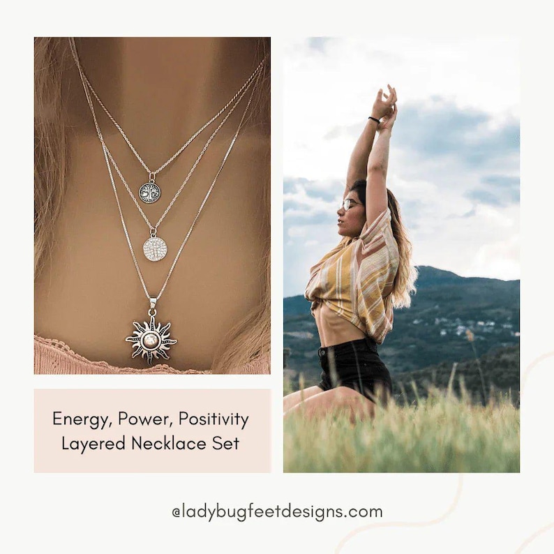 Energy, Power, Positivity Layered Necklace Set, Silver - - LadybugfeetDesigns -