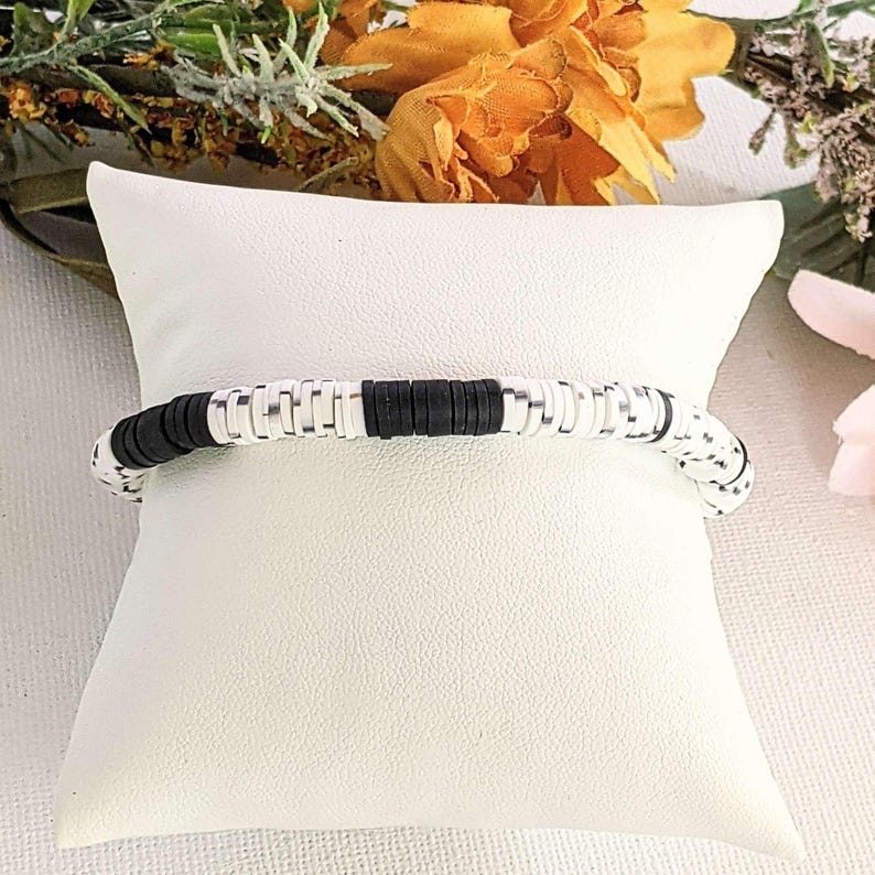 Black, Salt & Pepper Heishi Clay Disc Bracelet - - LadybugfeetDesigns -