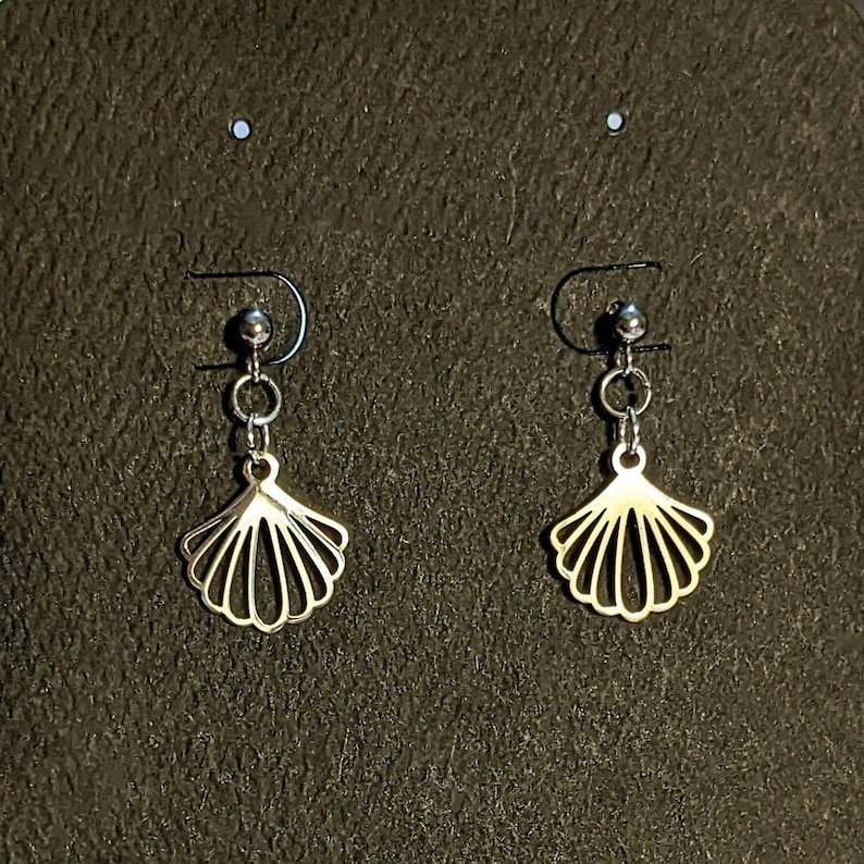 Sea Scallop Charm Drop Stud Earrings-Silver - - LadybugfeetDesigns -