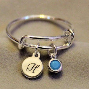 Expandable Initial & Birthstone Charm Ring,Gift for her - - LadybugfeetDesigns -