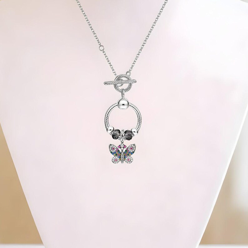 Butterfly Sterling Silver Toggle Charm Necklace, 20 inches - - LadybugfeetDesigns -