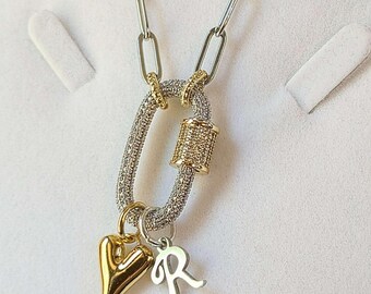 Silver Initial Heart Carabiner Necklace - 20 inch