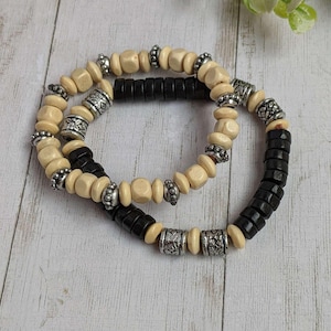 Silver Spacer & Ivory Wood Bead Stretch bracelet - Unisex - - LadybugfeetDesigns -