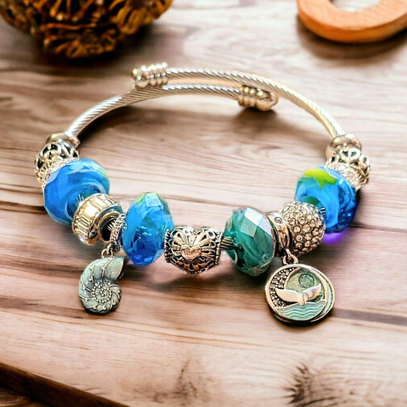 Ocean Lover Euro Cuff Wrap Bracelet, Silver - - LadybugfeetDesigns -