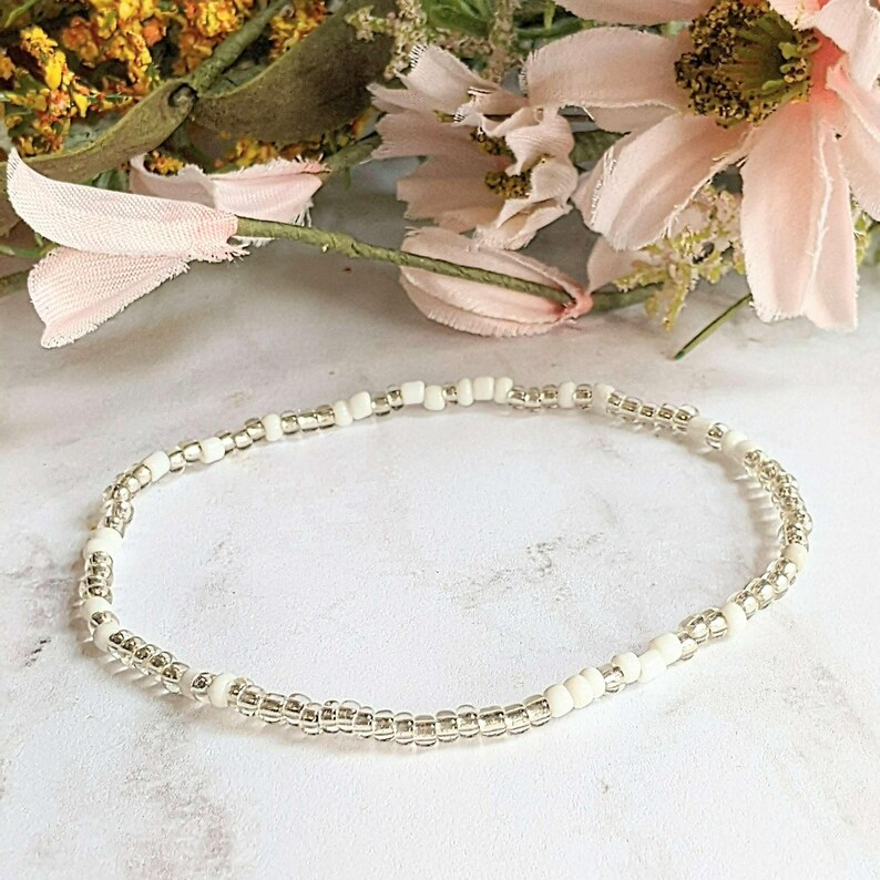 Beaded Stretch Cord Anklet-Clear Breeze - - LadybugfeetDesigns -