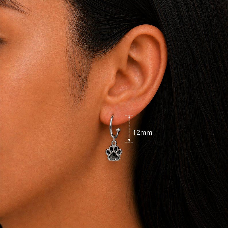 Dog/Cat Paw Mini Hoop Huggie Earrings, Silver- 12mm - - LadybugfeetDesigns -