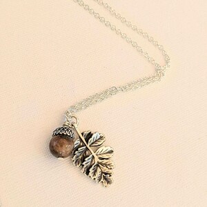 Acorn Oak Leaf Necklace, Silver - - LadybugfeetDesigns -