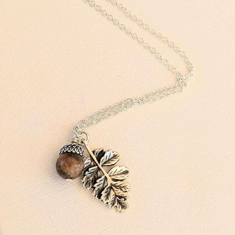 Acorn Oak Leaf Necklace, Silver - - LadybugfeetDesigns -