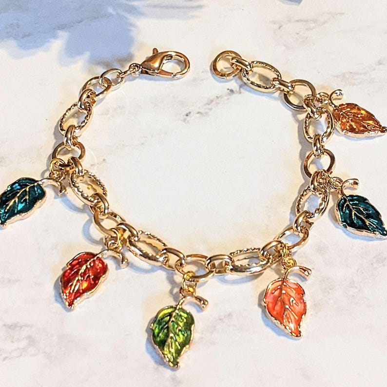 Autumn Leaves Textured Gold Chain Bracelet - - LadybugfeetDesigns -