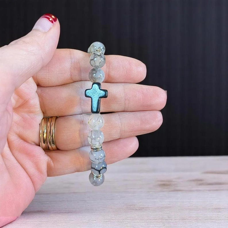 Gray Smoke Beaded Cross Stretch Bracelet-UNISEX - - LadybugfeetDesigns -