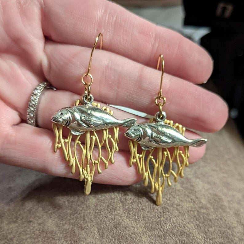 Silver Manatee Gold Seaweed Forest earrings - - LadybugfeetDesigns -