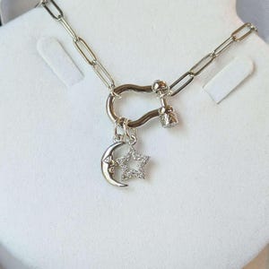 Celestial Moon CZ Star Shackle Clasp Carabiner Necklace, Silver - 20 inch - - LadybugfeetDesigns -