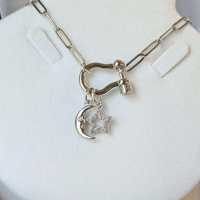 Celestial Moon CZ Star Shackle Clasp Carabiner Necklace, Silver - 20 inch - - LadybugfeetDesigns -