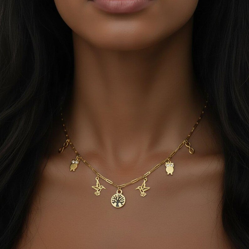 Nature Vibes Multi Charm Link Necklace, Gold- 20 inch - - LadybugfeetDesigns -