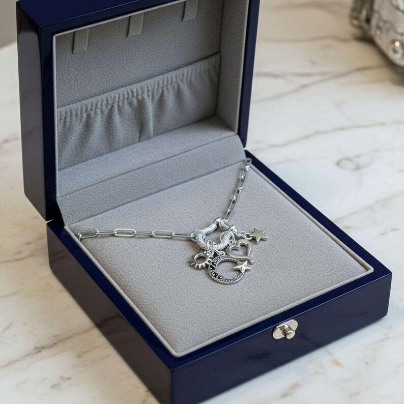 Celestial Crescent Moon and Heart Shackle Clasp Carabiner Necklace, Silver - Adjusts up to 20 inches - - LadybugfeetDesigns -
