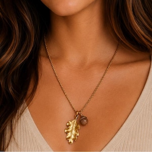 Moonstone Acorn Oak Leaf Necklace, Gold