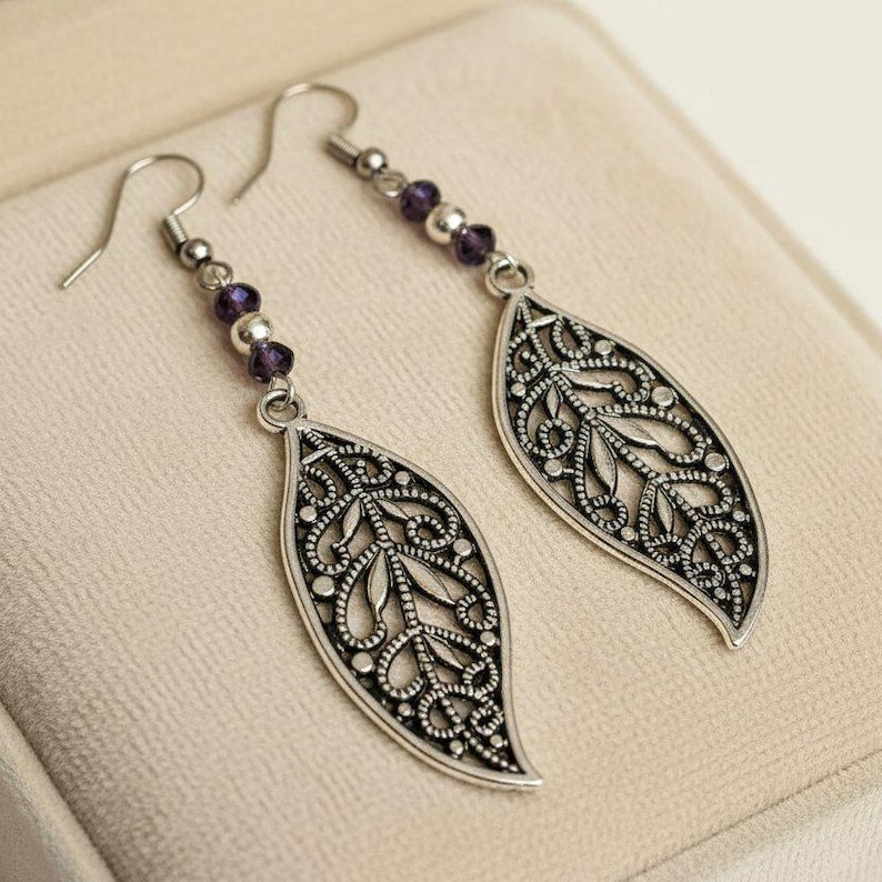 Fancy Leaf Purple Crystal Earrings - - LadybugfeetDesigns -