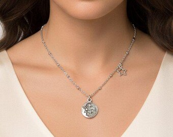 Crescent Moon Face/CZ Star Reversible Necklace, Silver - 16 - 18 inches