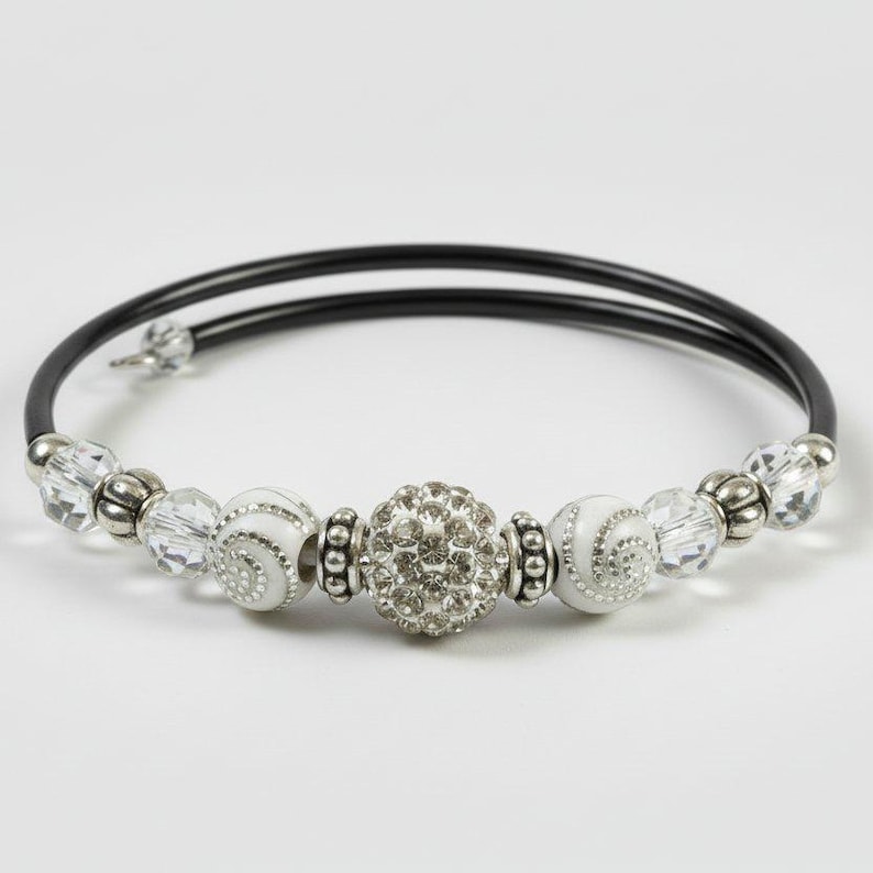 Faux Leather White Rhinestone Memory Wire Bracelet - - LadybugfeetDesigns -