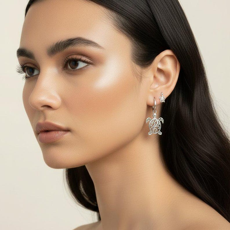 Sea Turtle Hoop Earrings, Silver - 16mm - - LadybugfeetDesigns -