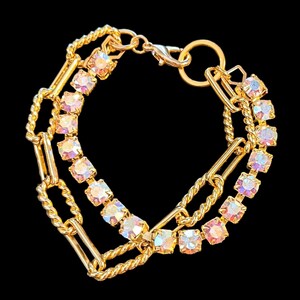 Gold Paperclip Layered Faceted Crystal Bracelet - - LadybugfeetDesigns -