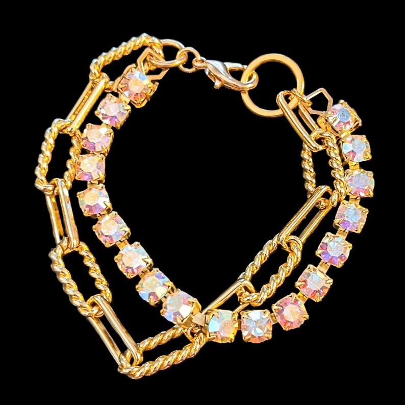 Gold Paperclip Layered Faceted Crystal Bracelet - - LadybugfeetDesigns -