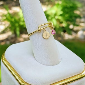 Gold Expandable Initial & Birthstone Charm Ring,Gift for her - - LadybugfeetDesigns -